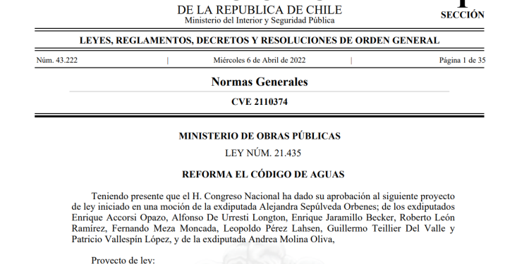Hoy fue publicada en el Diario Oficial la reforma al Código de Aguas